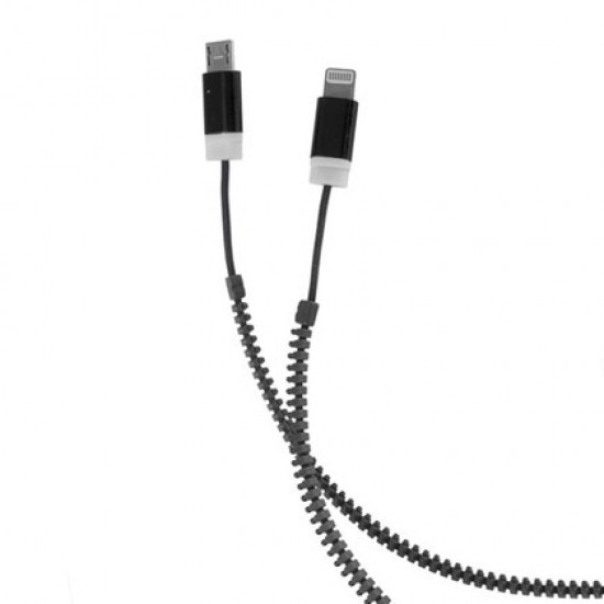 Podatkovni + polnilni kabel 2in1 micro USB + iPhone Lightning 5/5S/6/6S- zadrga, črn