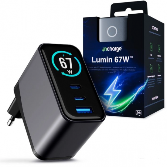 3MK incharge 67W GaN polnilec z zaslonom (2× USB-C + USB-A)