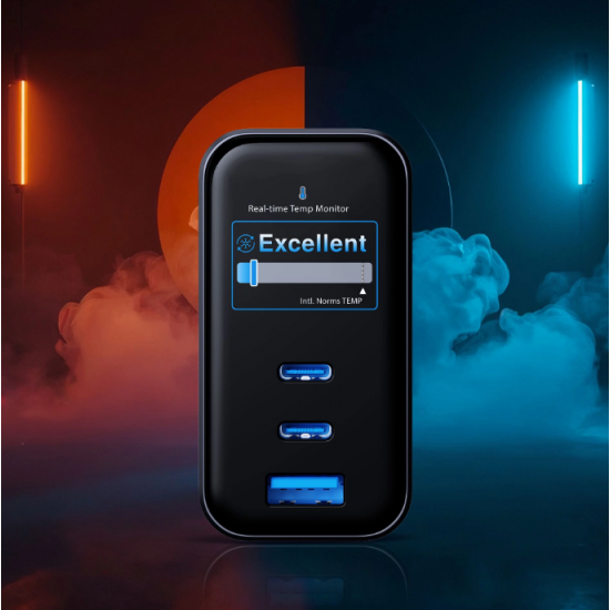 3MK incharge 67W GaN polnilec z zaslonom (2× USB-C + USB-A)