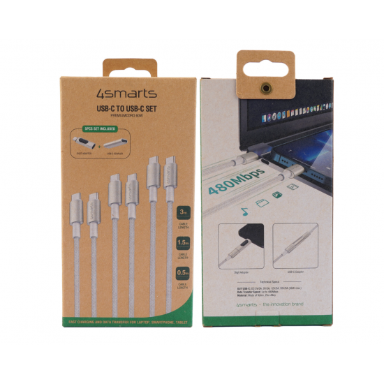 4smarts PremiumCord USB-C kabelski komplet 60 W (0,5 m + 1,5 m + 3 m) z Digital Adapterjem in USB-C spojnikom