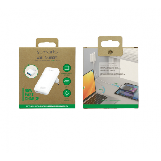 4Smarts Ultra tanek 65W GaN USB-C polnilnik – FlatPlug Slim Dual