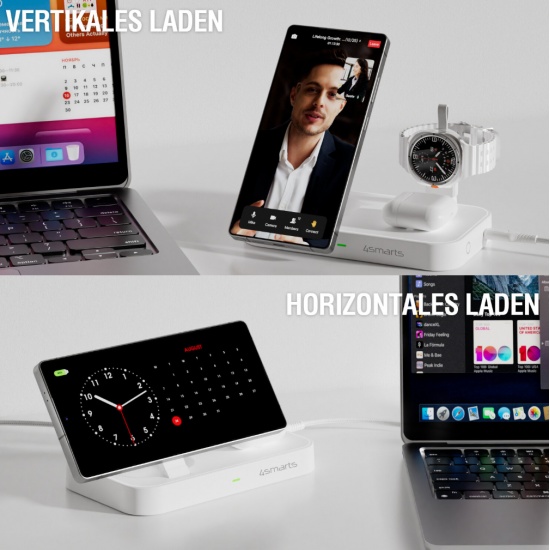 4smarts Qi2 Trident 3-v-1 brezžična polnilna postaja – za telefon, Samsung Watch in brezžične slušalke