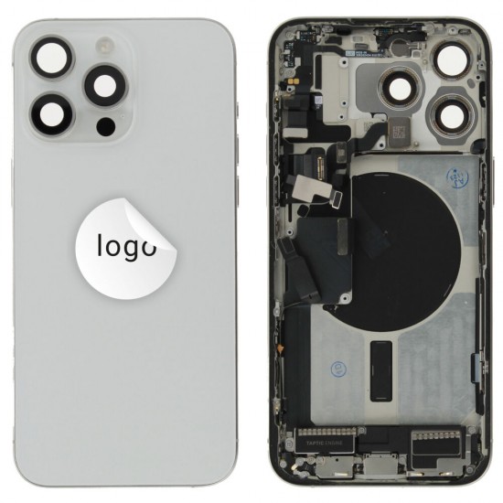 Rear cover incl. small parts (Pulled A) - White, For iPhone 15 Pro Max Rear cover incl. small parts (Pulled A) - White, For iPhone 15 Pro Max
