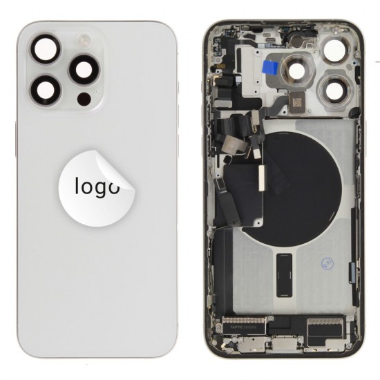 Rear cover incl. small parts (Pulled C) - White, For iPhone 15 Pro Max