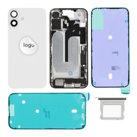 Rear cover incl. small parts (Pulled B) - White, For iPhone 16 Plus