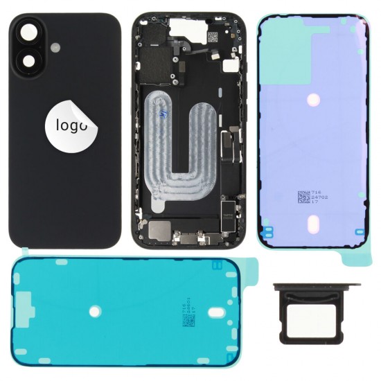 Rear cover incl. small parts (Pulled B) - Black, For iPhone 16